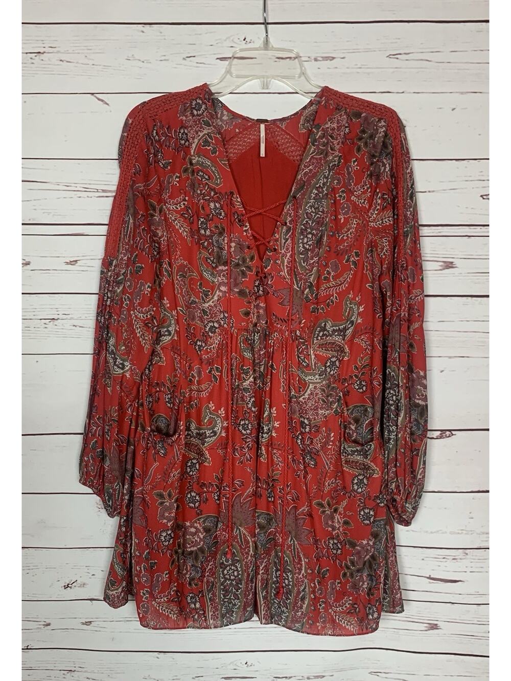 Free People Women’s S Small Red Floral Long Sleeve With Pockets Boho Cute Dress